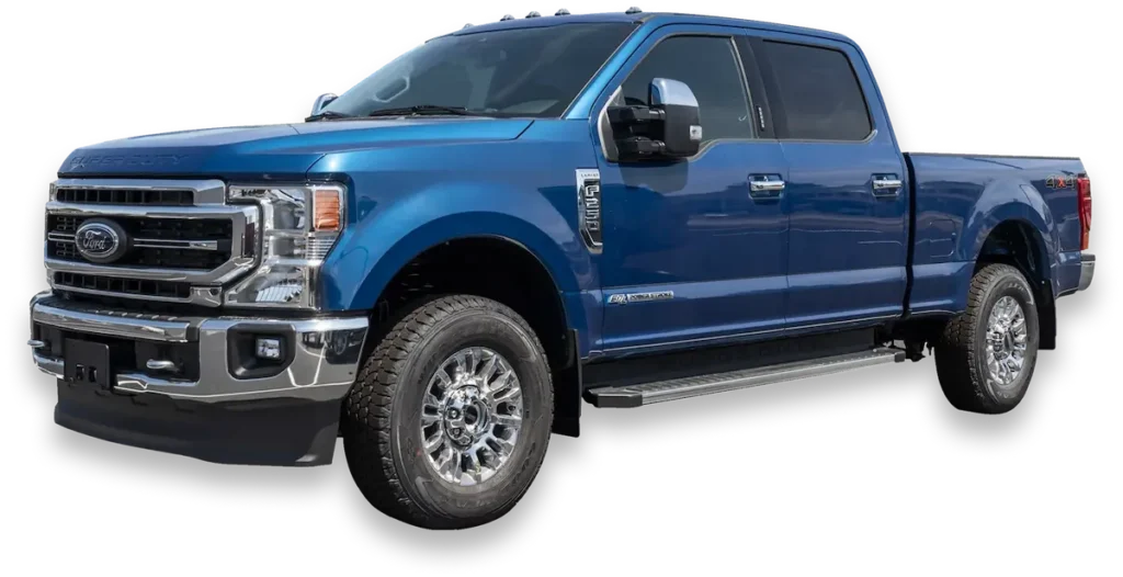 A blue Ford F-350 Super Duty pickup truck, possibly a 2020 model, is shown at an angle against a transparent background. The truck has a crew cab and features chrome accents on the grille, bumper, and wheels.