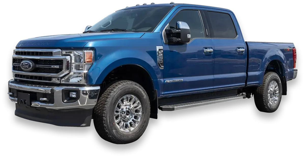A blue Ford F-350 Super Duty pickup truck, possibly a 2020 model, is shown at an angle against a transparent background. The truck has a crew cab and features chrome accents on the grille, bumper, and wheels.