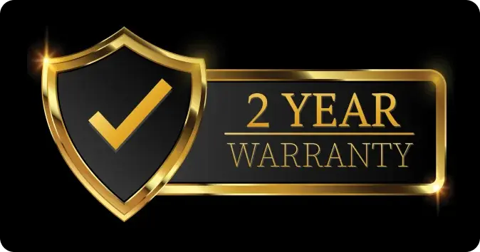 a gold graphic featuring a check mark and on the right side of it are the words "2 Year Warranty"